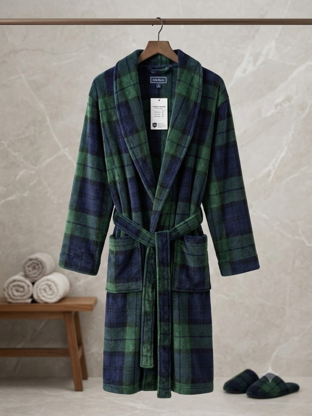 Club Room Green & Navy Plaid Plush Bathrobe